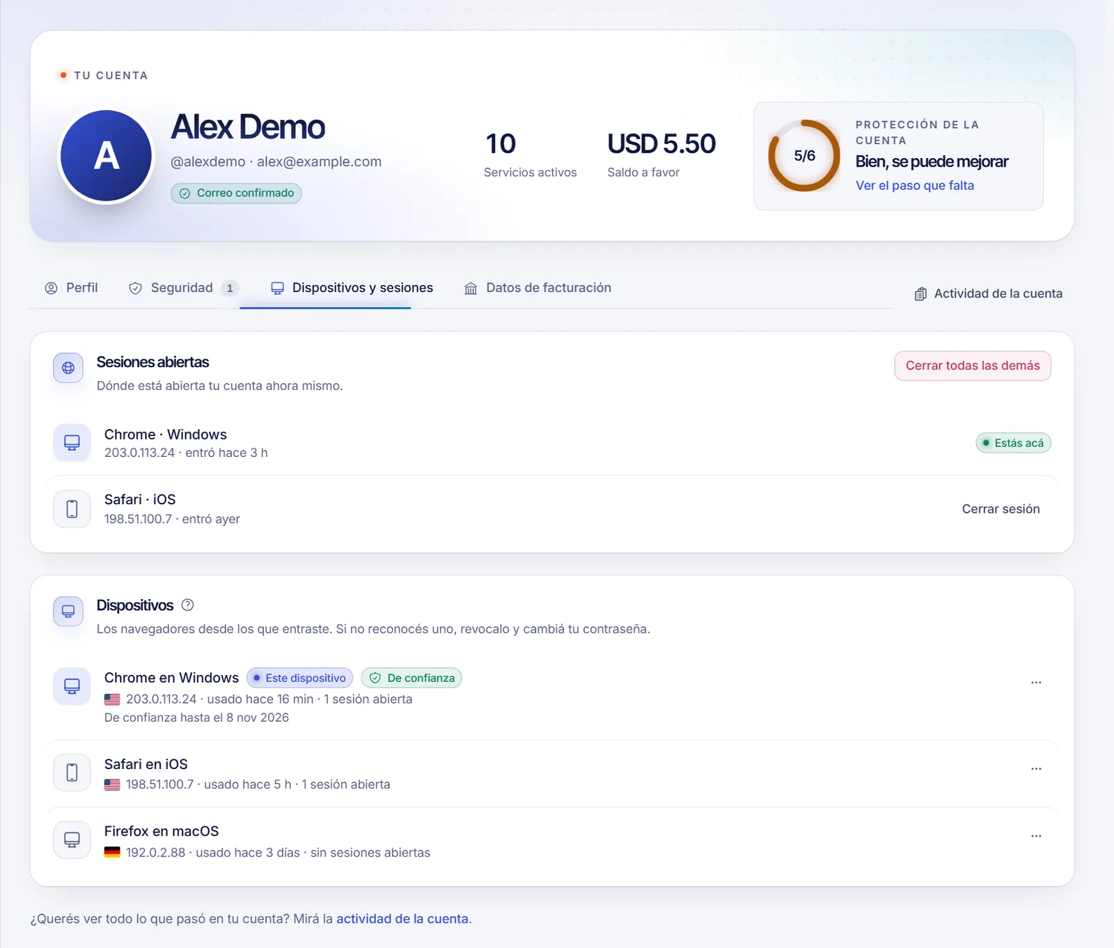 La pestaña Dispositivos y sesiones con la lista de sesiones abiertas y la lista de dispositivos de una cuenta de SolumeCore
