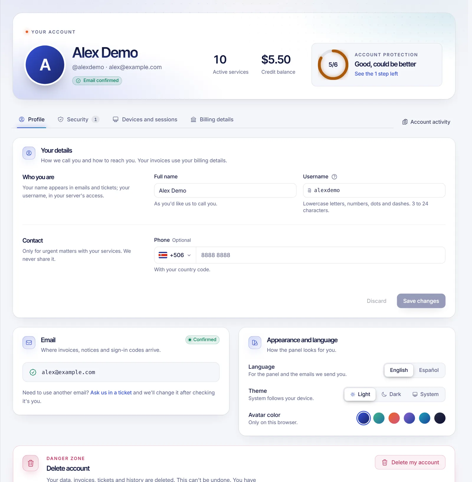 The Danger zone card of the Profile tab with the Delete account title and the Delete my account button