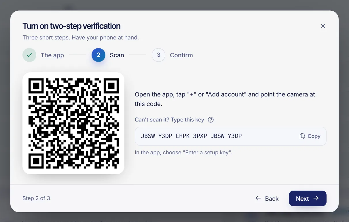 The three-step two-step verification window showing a QR code to scan with an authenticator app