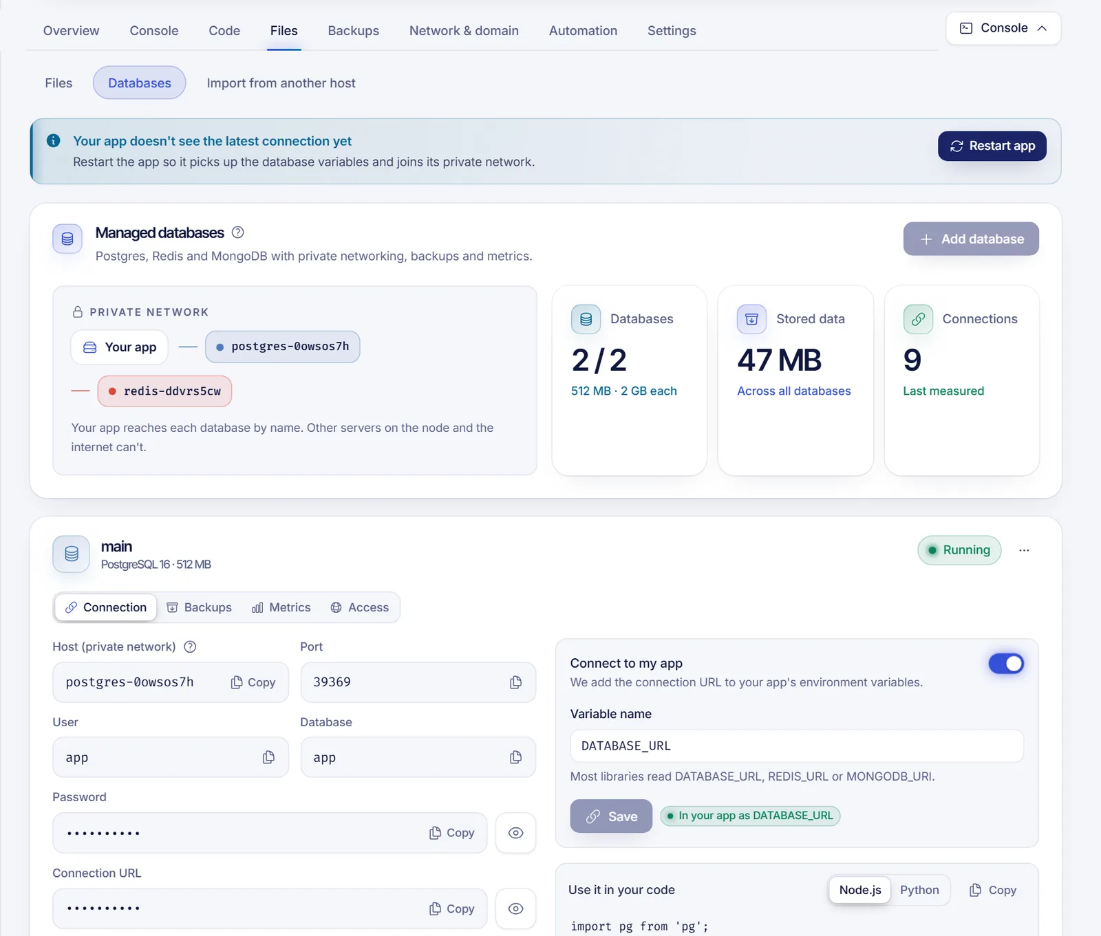 Managed databases section showing a PostgreSQL and a Redis database connected to the app over a private network