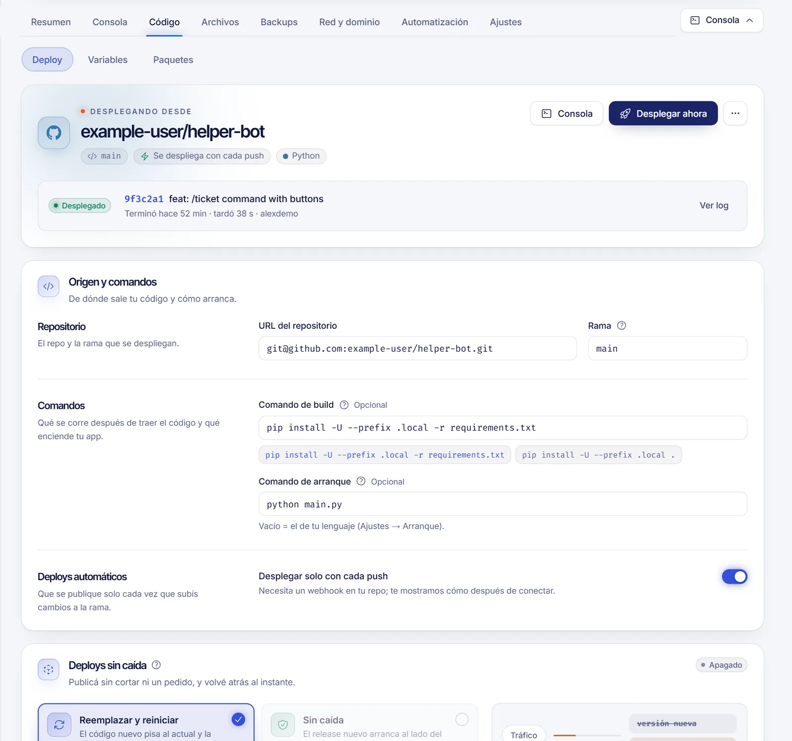 Sección Deploy de una app con el repositorio conectado, la rama, los comandos de build y de inicio y el botón Desplegar ahora