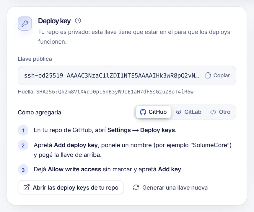 Pantalla de la clave de despliegue de un plan de programación en el panel de SolumeCore con la clave pública para copiar en GitHub o GitLab