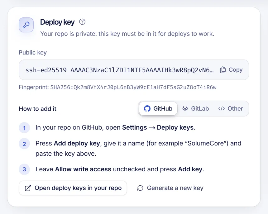 The deploy key screen of a programming plan in the SolumeCore panel with the public key to copy into GitHub or GitLab