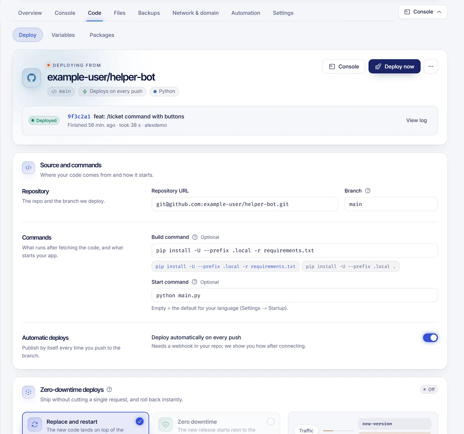 Deploy section of an app showing the connected repository, branch, build and start commands and the Deploy now button