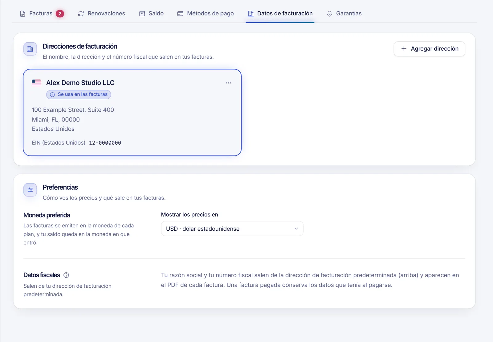Pestaña Datos de facturación con la lista de direcciones, la dirección usada en las facturas y la moneda preferida