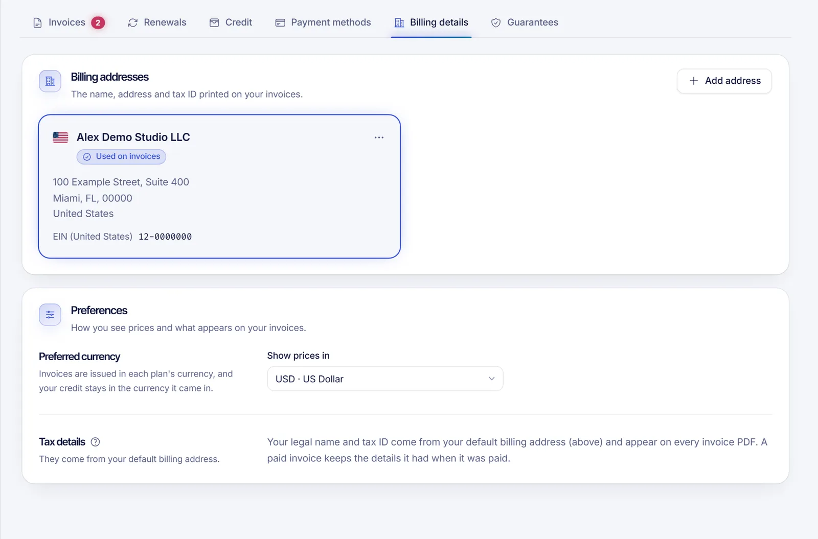 Billing details tab with the billing addresses list, the address used on invoices and the preferred currency setting
