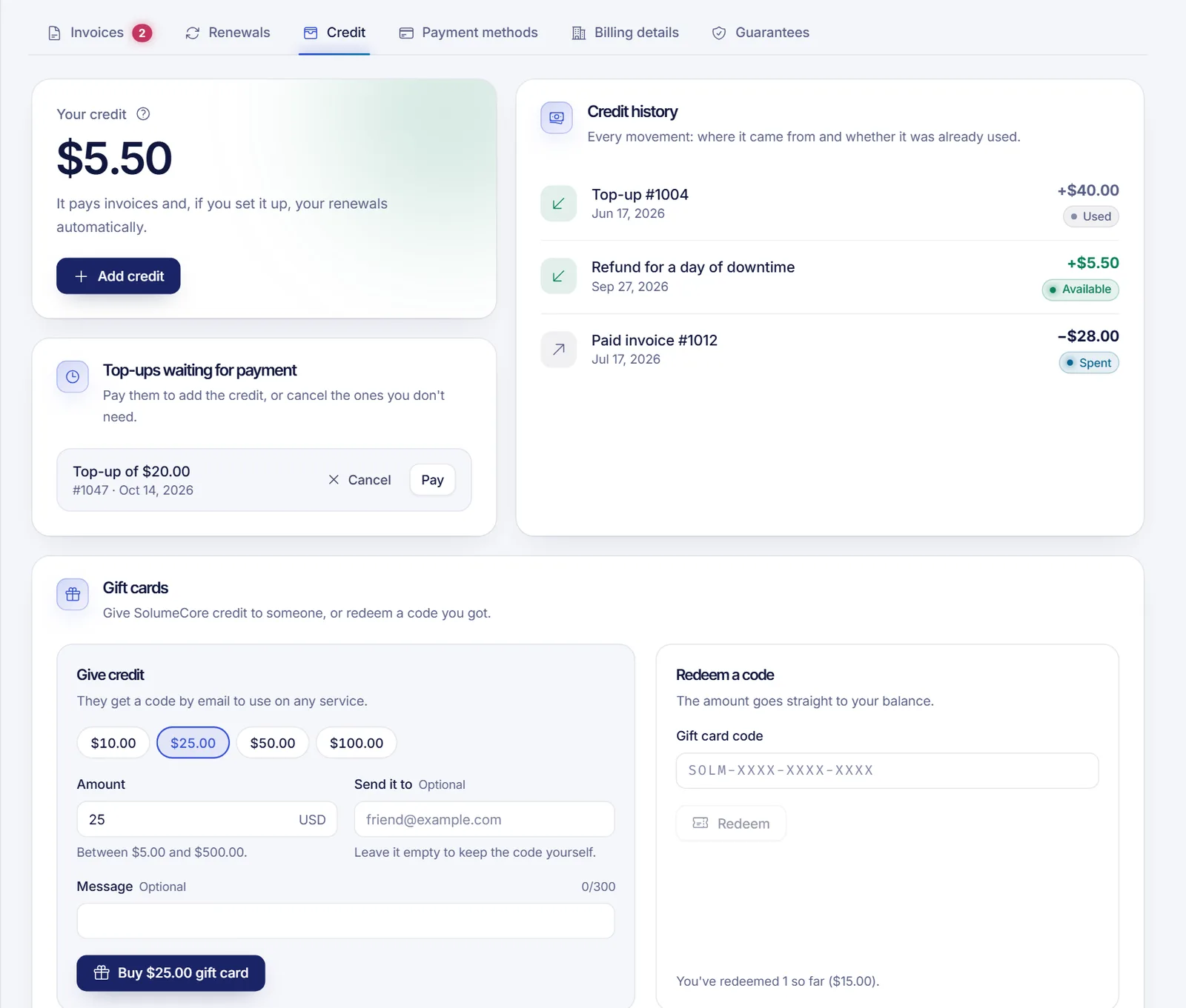 Credit tab of the billing page showing the account balance, the Add credit button and the top-ups waiting for payment