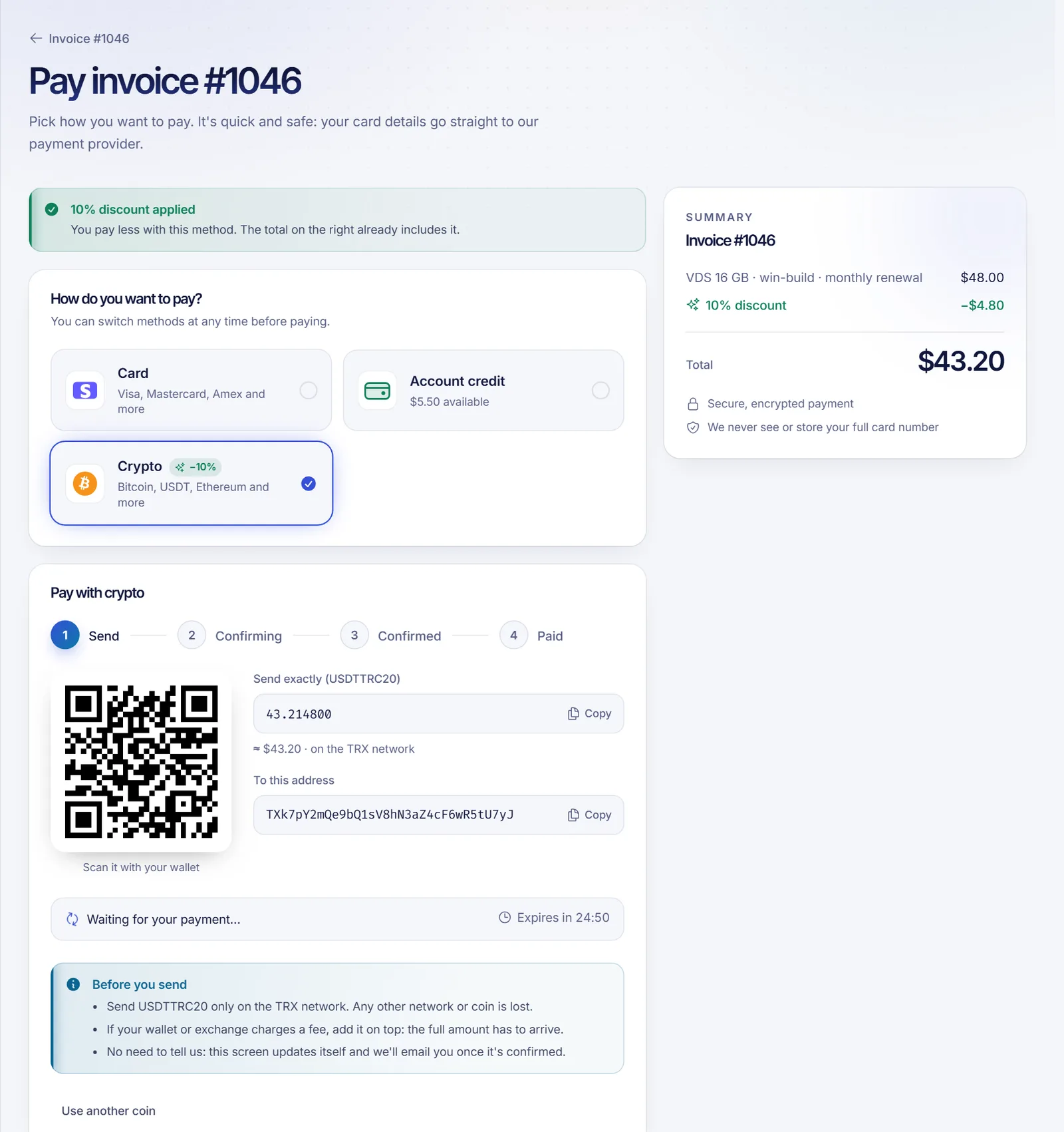 Crypto payment screen showing a QR code, the exact amount to send, the address, the network and the confirmation steps