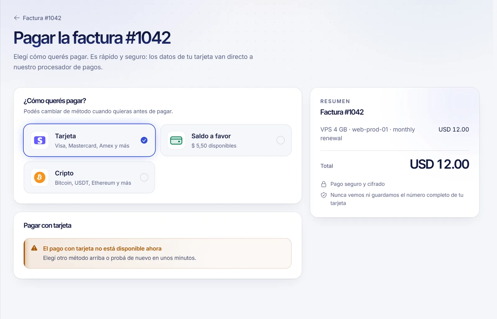 Página de pago de una factura con las opciones de tarjeta, PayPal, saldo y cripto
