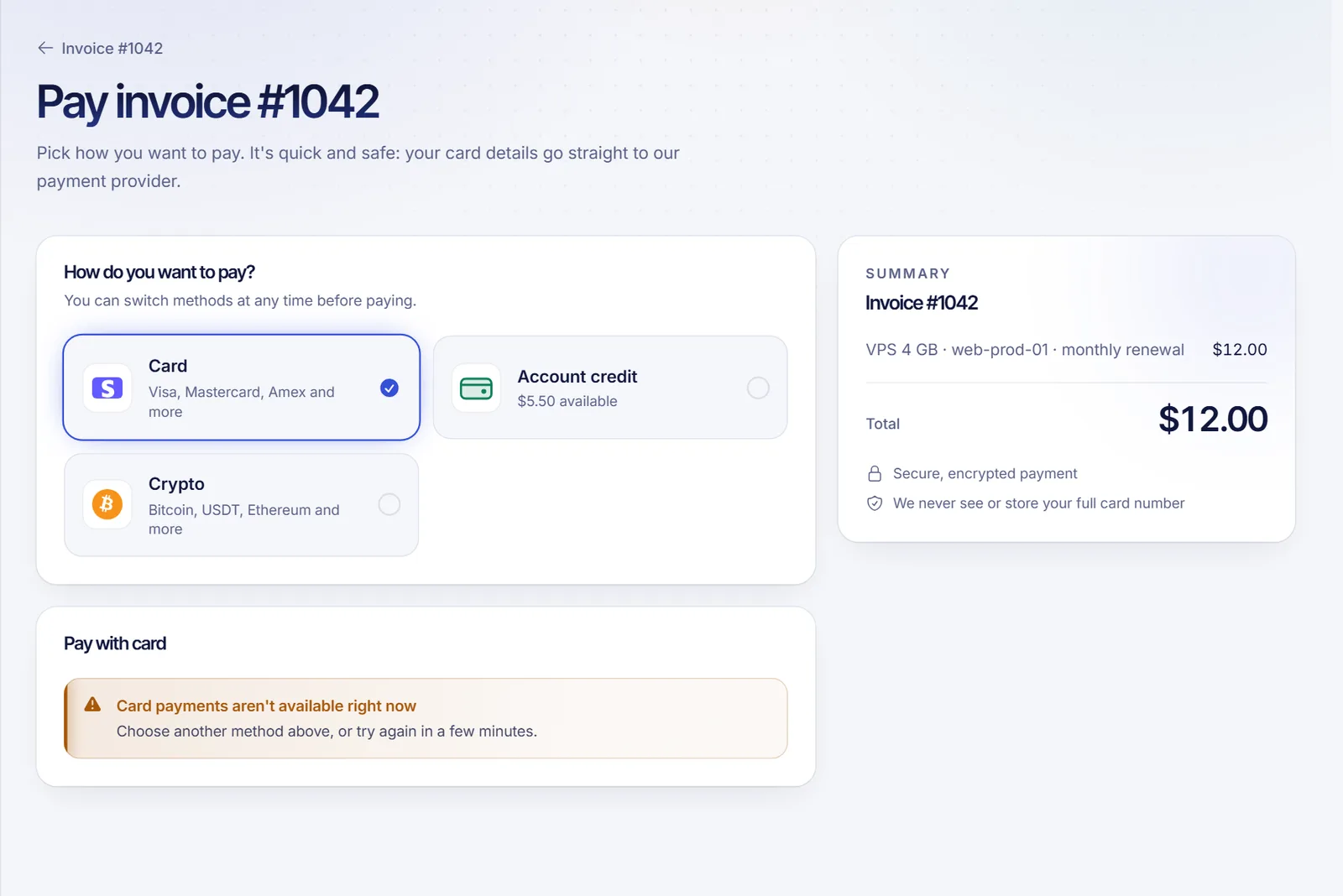 Pay invoice page with the card, PayPal, account credit and crypto options