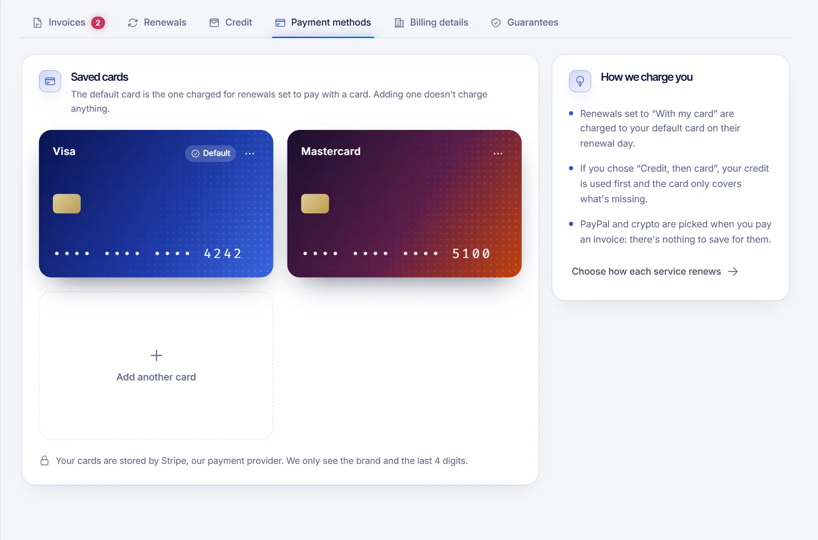 Payment methods tab listing the saved cards with the Default tag and the Add a card button