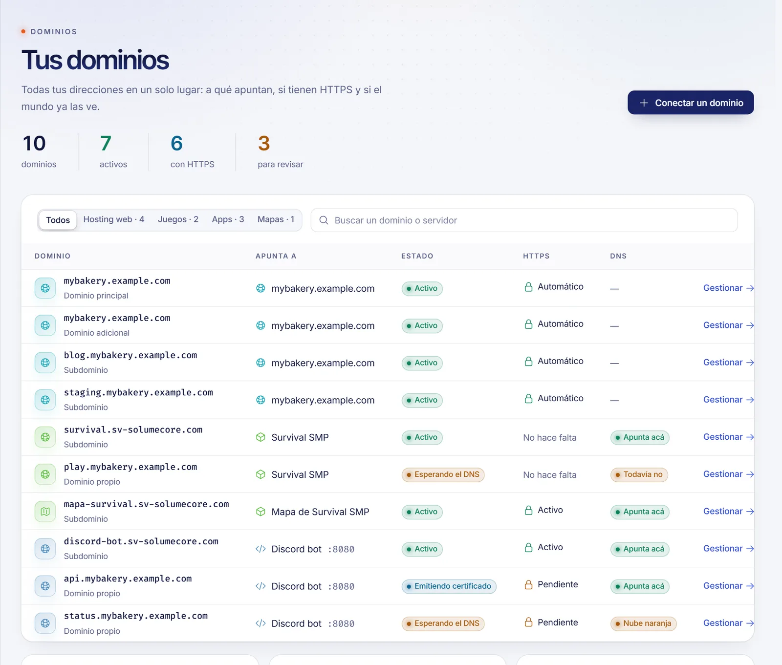 Página Dominios con la lista de dominios de hosting, juegos, apps y mapas y sus columnas de estado, HTTPS y DNS