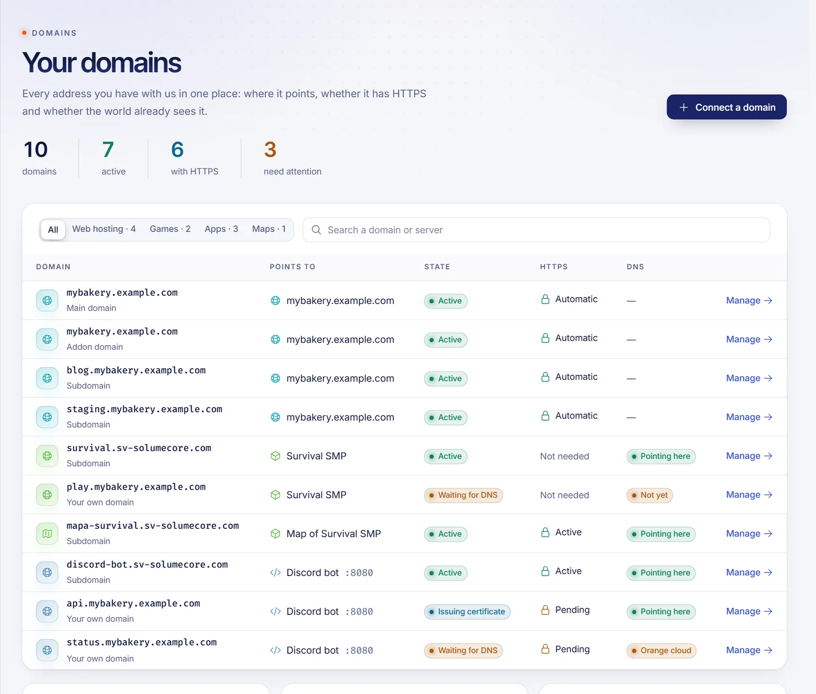 Domains page listing hosting, game, app and map domains with their state, HTTPS and DNS columns