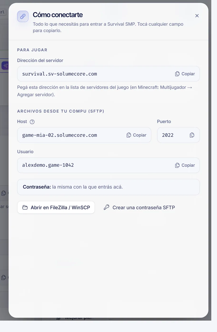 El panel Conectar de un servidor de juego con la dirección del servidor y su botón de copiar, y debajo los datos de SFTP