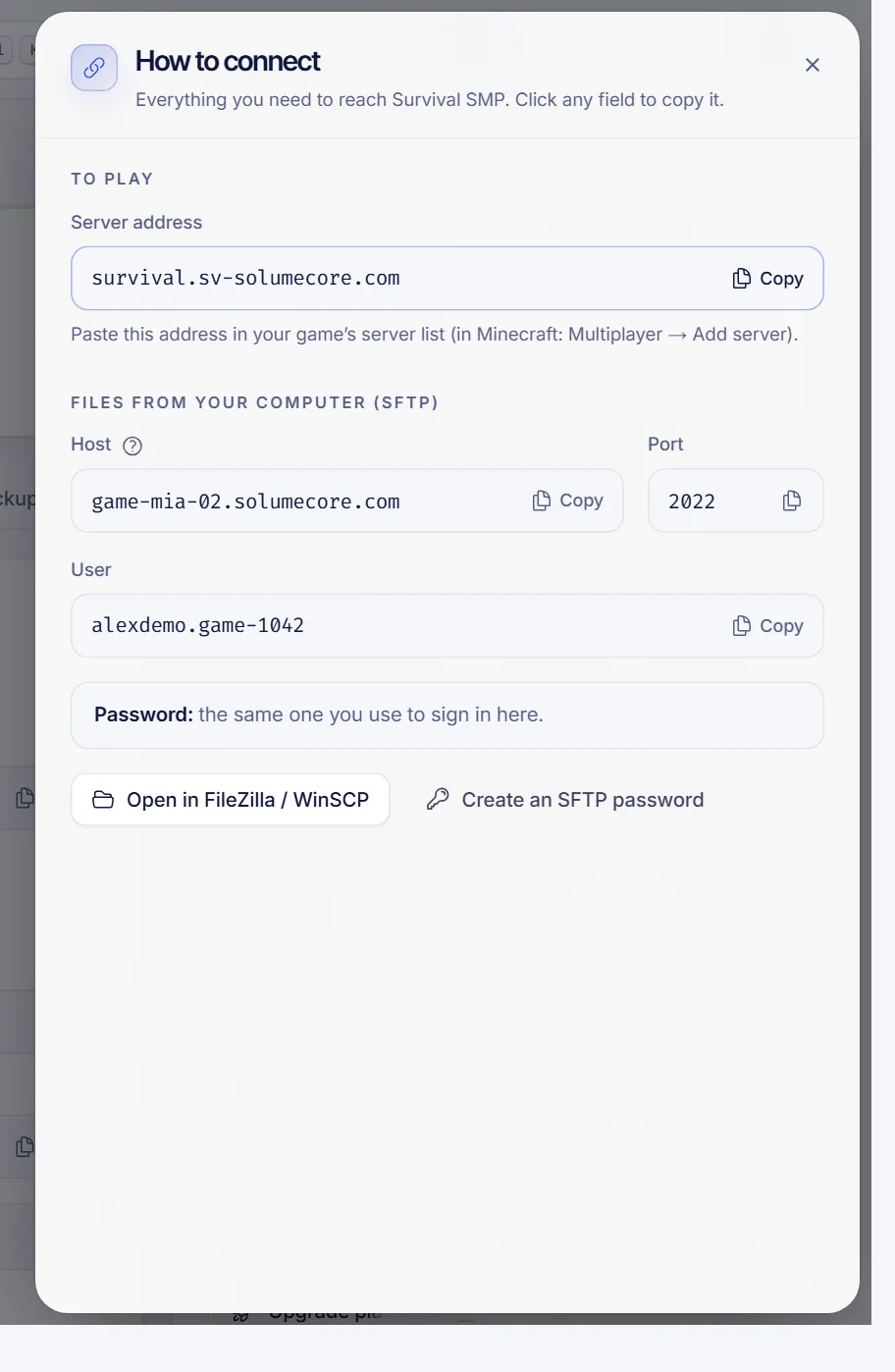 The Connect panel of a game server showing the server address with a copy button and the SFTP details below