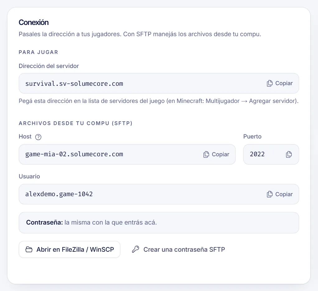 Datos de conexión SFTP de un servidor de Minecraft en el panel de SolumeCore con host, puerto y usuario