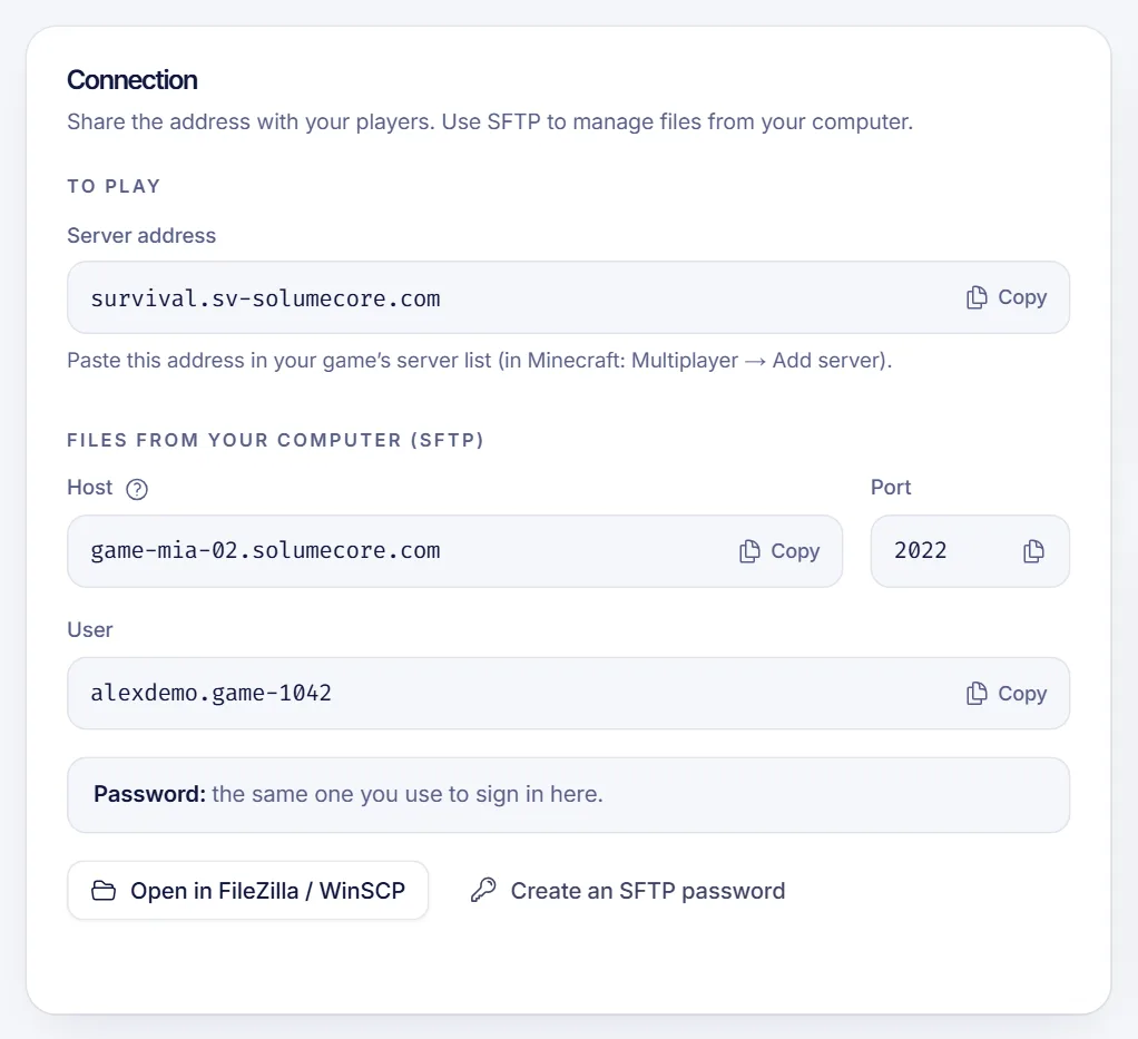 The SFTP connection details of a Minecraft server in the SolumeCore panel with host, port and username