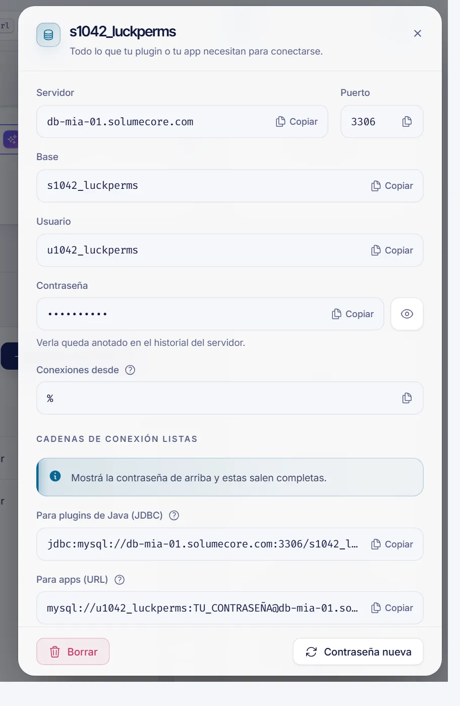 El panel de datos de conexión de una base de datos de un servidor de juego con servidor, puerto, base, usuario y una contraseña oculta con botones de copiar