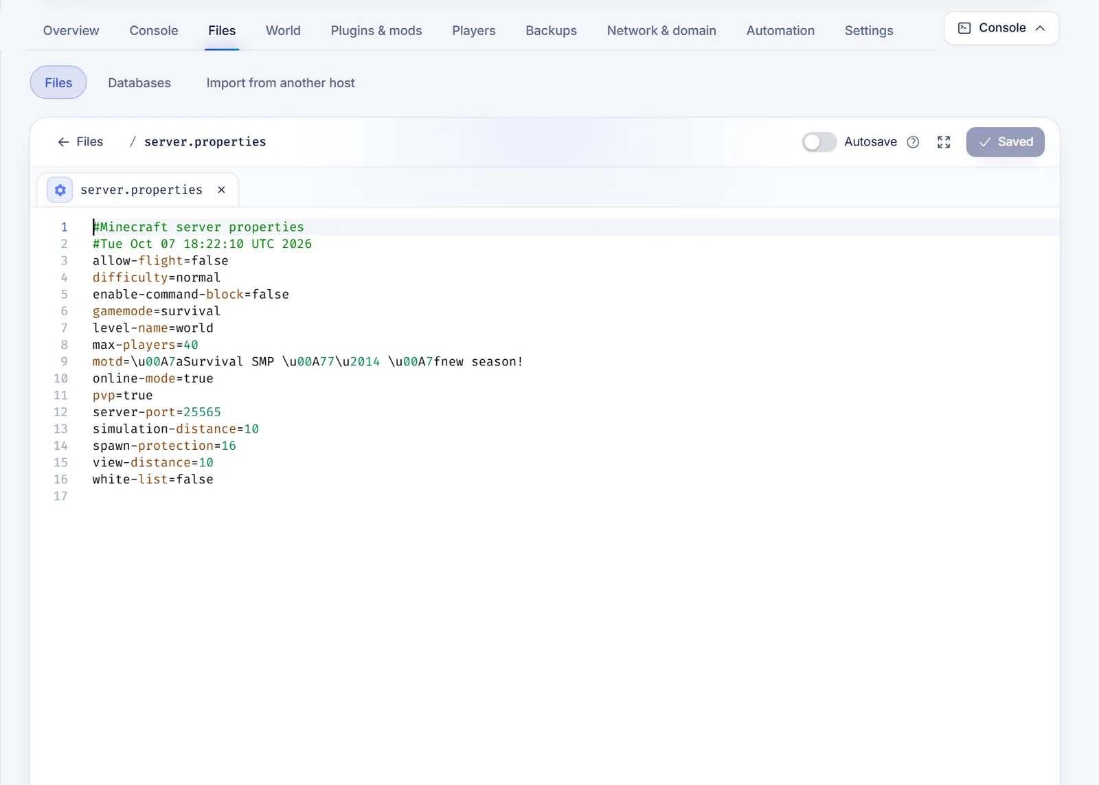Code editor open on a server configuration file with the file tabs, Save button and Autosave switch