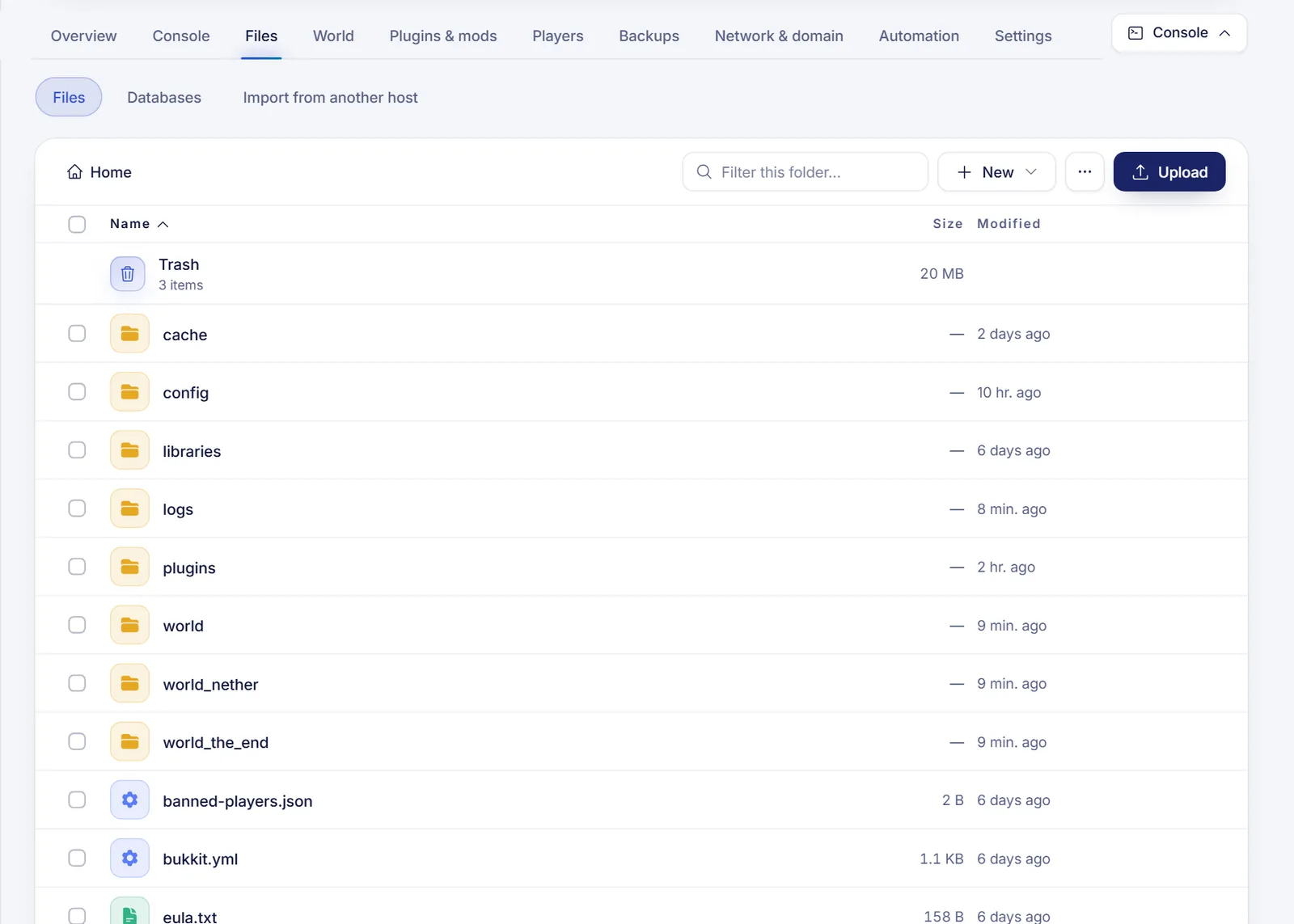 Files tab of a game server with the breadcrumb, filter box, New menu, more options button and Upload button