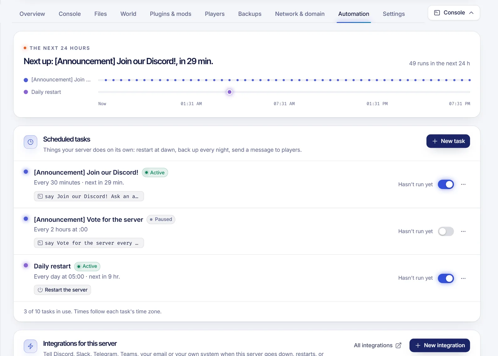 The Scheduled tasks page of a game server with the New task button and a list of tasks showing their next run