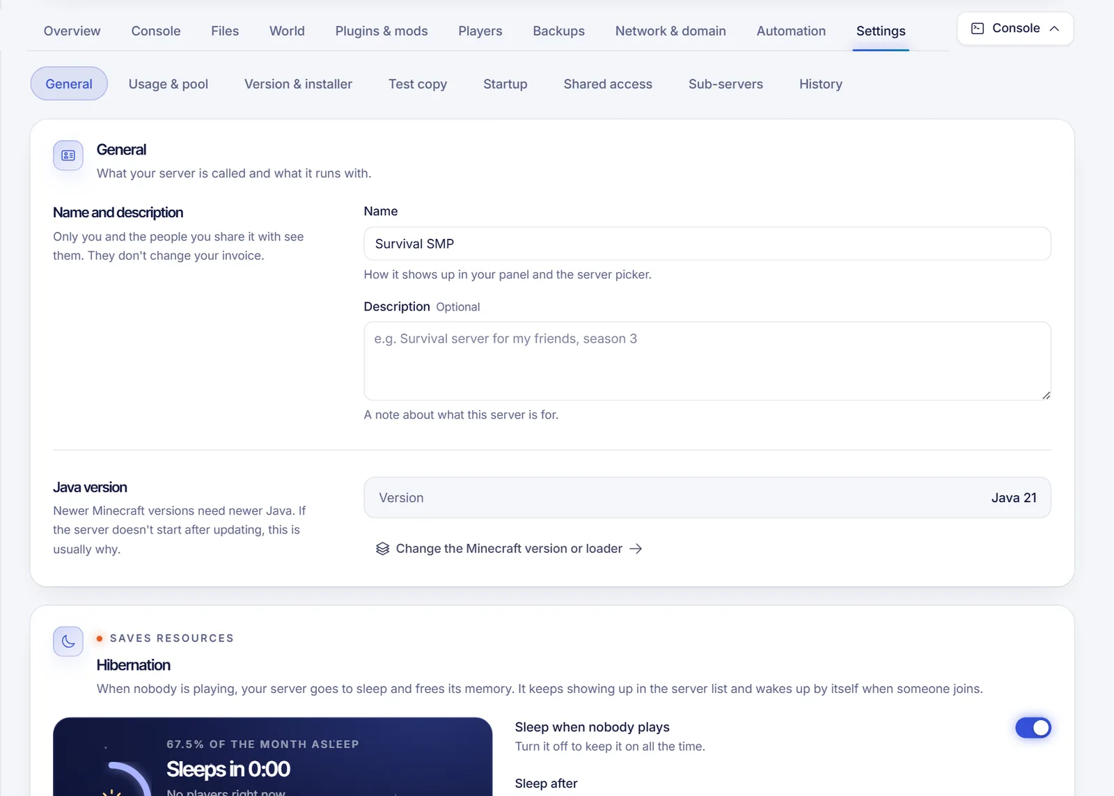 The Hibernation card in the Settings tab of a game server showing the sleep switch, minutes selector and wake-up options