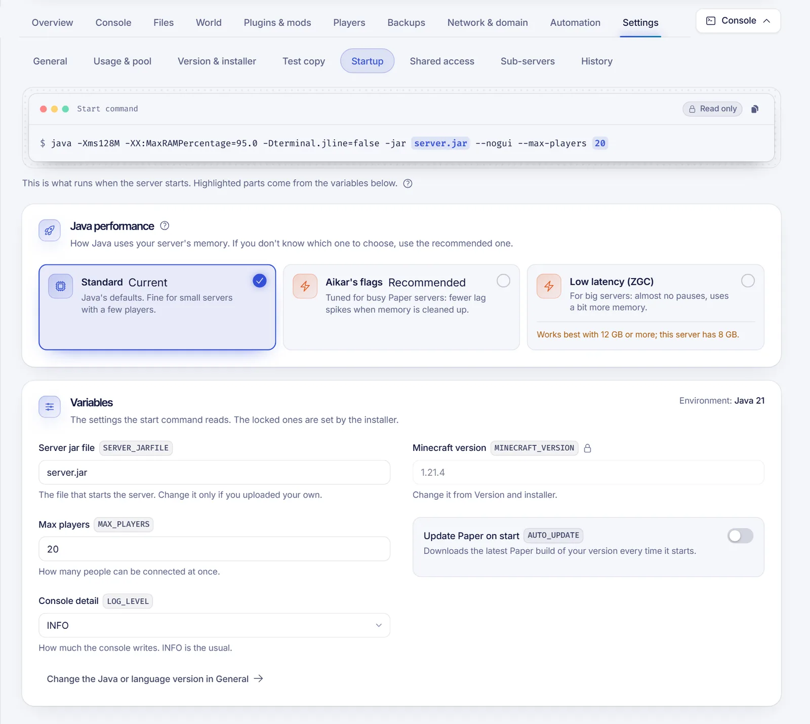 Startup section with the read-only start command and the Java performance profile cards with Current and Recommended tags