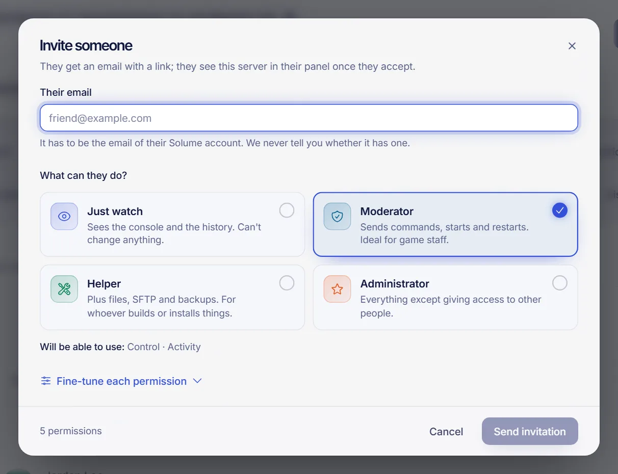 The Shared access page of a game server with the Invite someone dialog showing the email field and four role cards