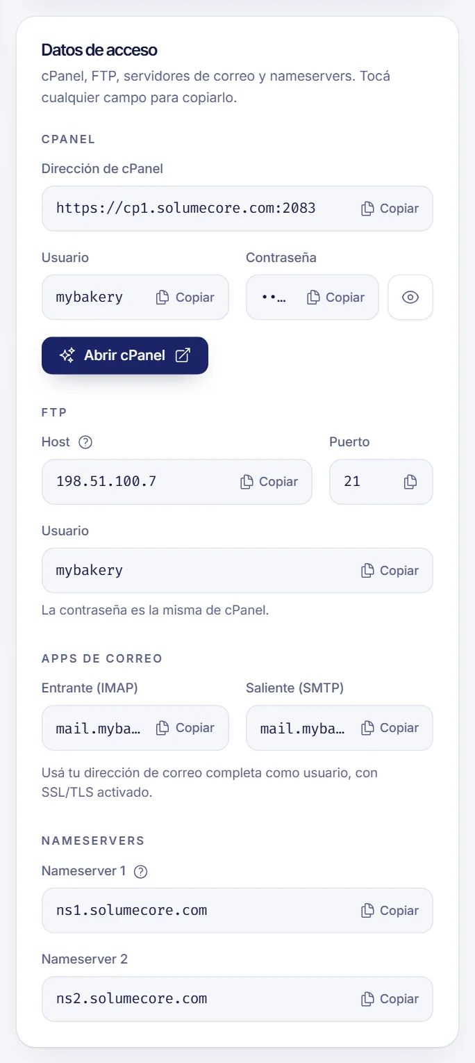 Panel Cómo conectarte de un hosting web con la dirección de cPanel, el usuario y la contraseña, y las secciones de FTP y correo
