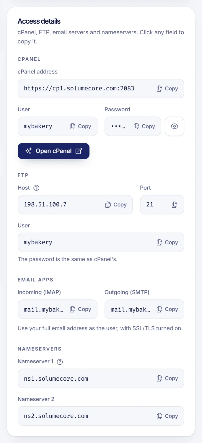 How to connect panel of a web hosting showing the cPanel address, user and password fields plus the FTP and email sections