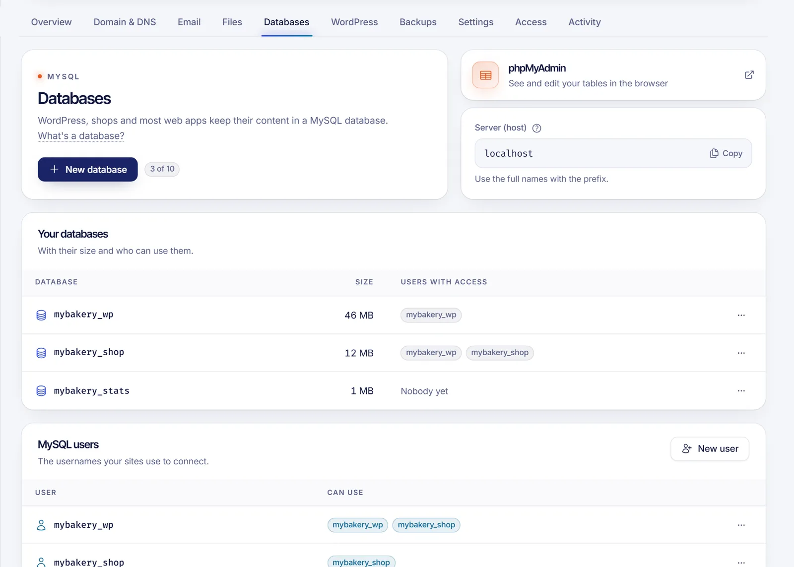 Databases tab of a web hosting with the New database button, the phpMyAdmin shortcut and the list of databases and MySQL users