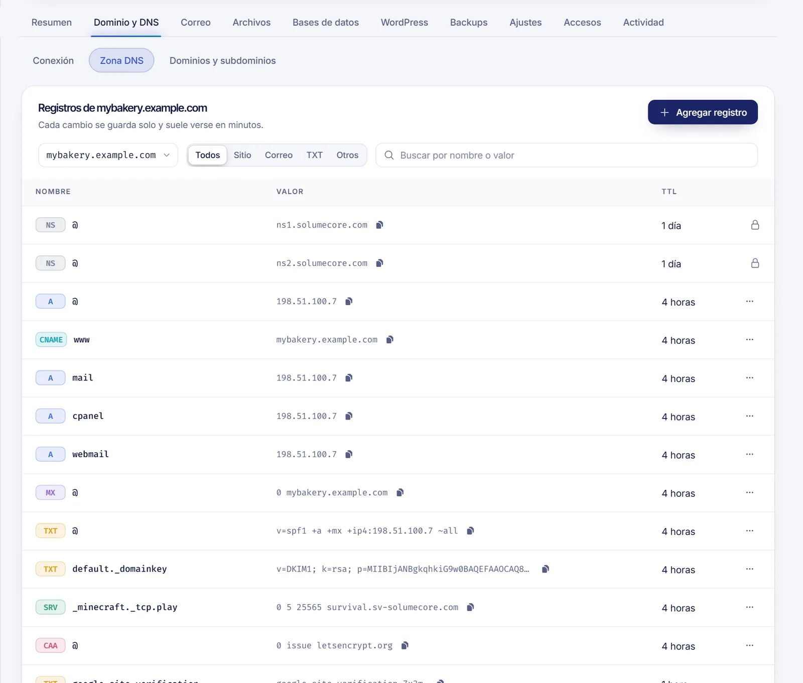 Editor de zona DNS con la lista de registros por tipo, nombre, valor y TTL, y la tarjeta de plantillas rápidas