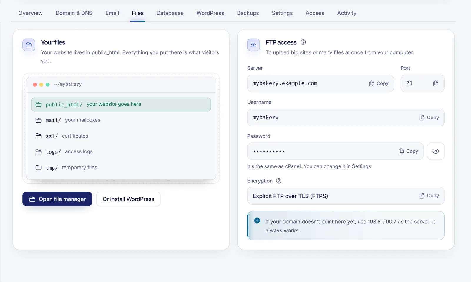 Files tab of a web hosting showing the account folders with public_html highlighted and the Open file manager button