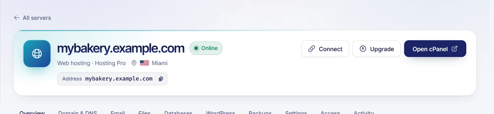 Hosting page in the SolumeCore dashboard with the Open cPanel button highlighted at the top right