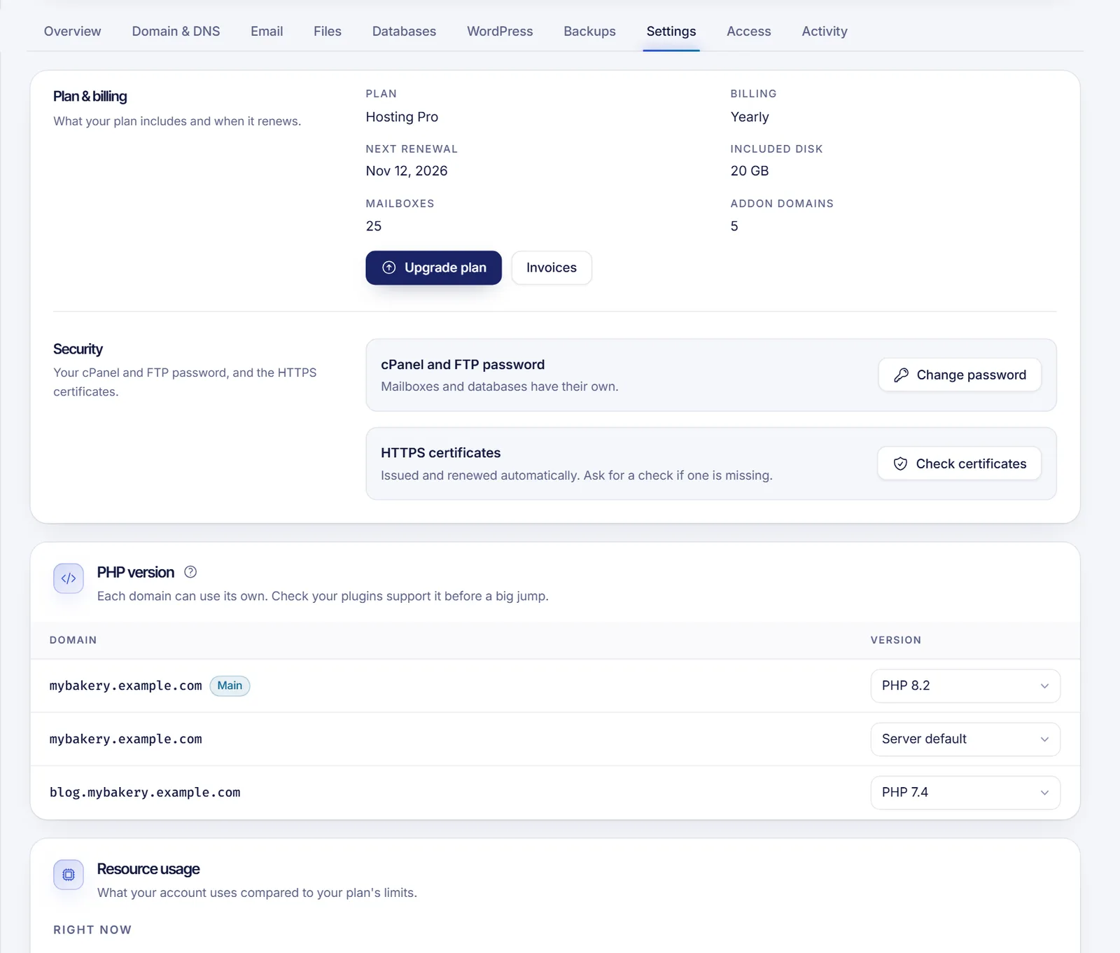 PHP version card in the Settings tab of a web hosting with a table of domains and a drop-down to choose the PHP version for each