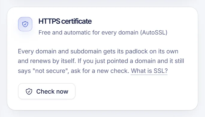 HTTPS certificate card in the Overview tab of a web hosting with the Check now button