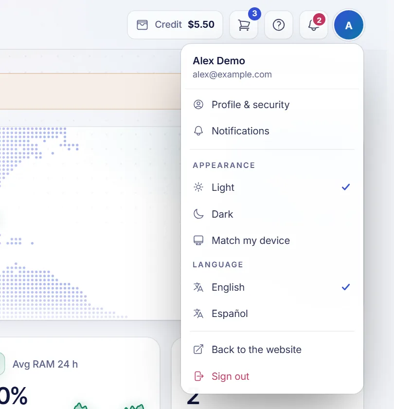 The account menu in the dashboard top bar showing the Appearance options and the Language options