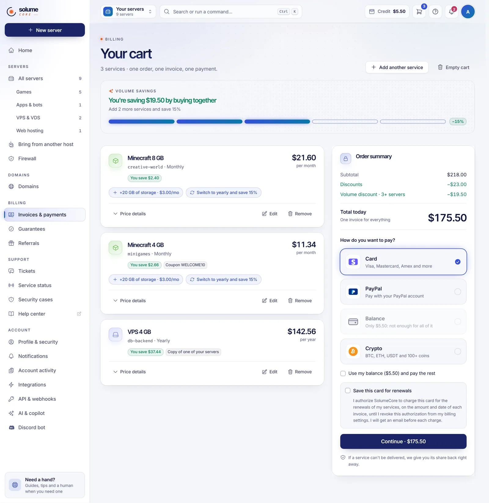 Cart page with the list of services, the volume discount meter and the order summary with the total