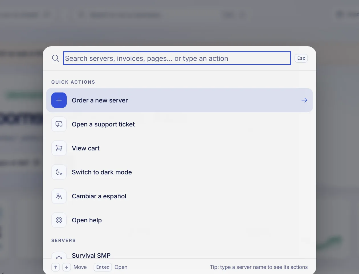 The quick search window open with a server name typed and the actions for that server listed below