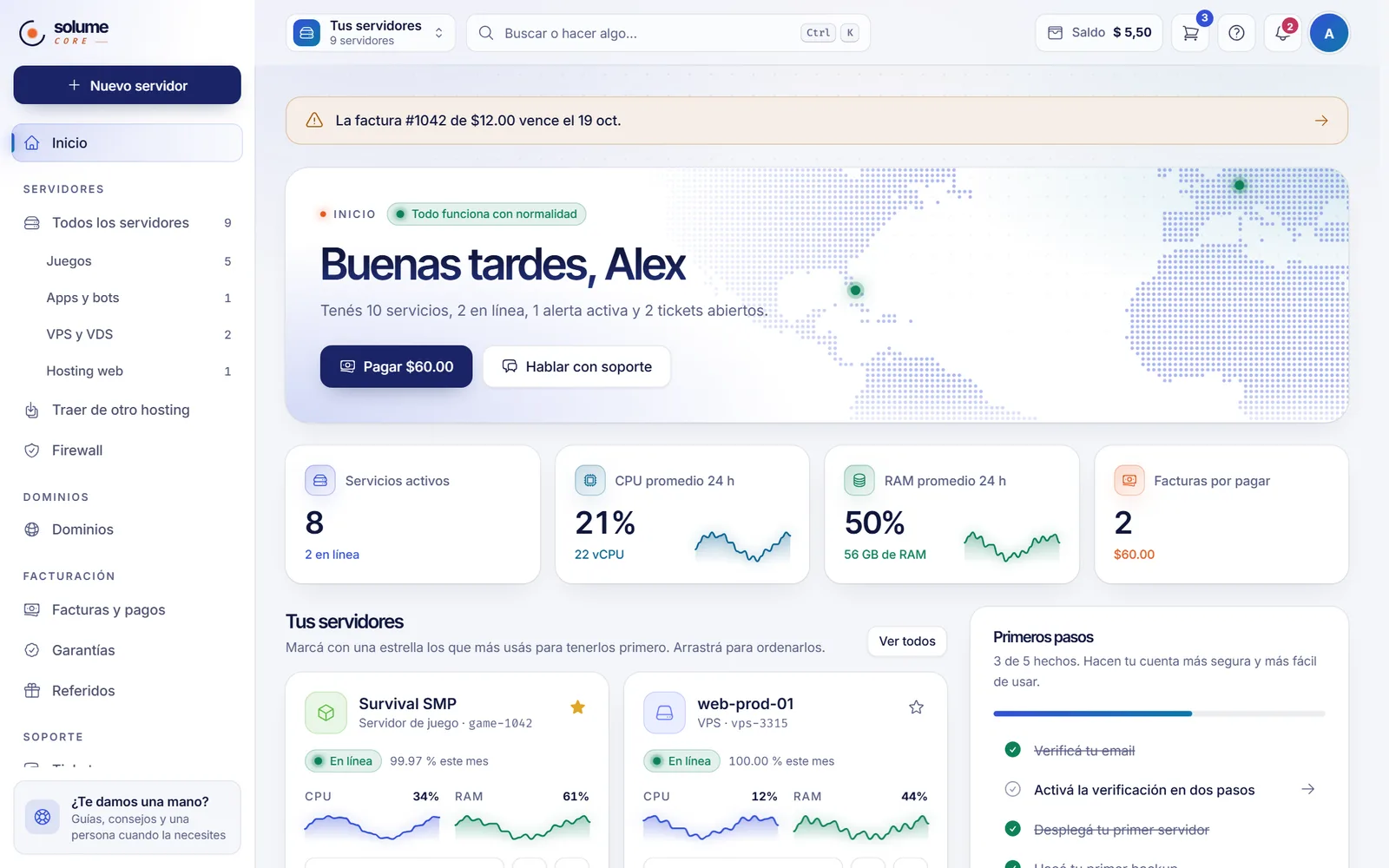 La página de Inicio del panel de SolumeCore con el saludo, las tarjetas de resumen, los servidores y la lista de Primeros pasos