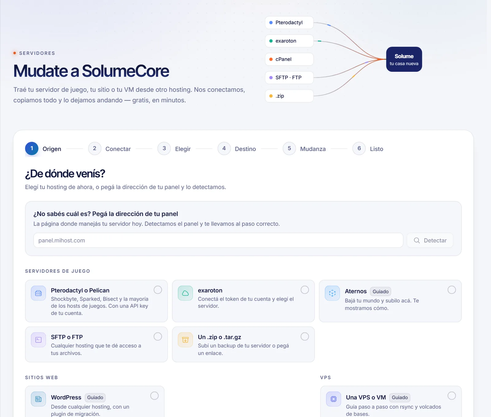 Página de migración a SolumeCore con la pregunta de dónde vienes y las tarjetas de servidores de juego, sitios web y VPS