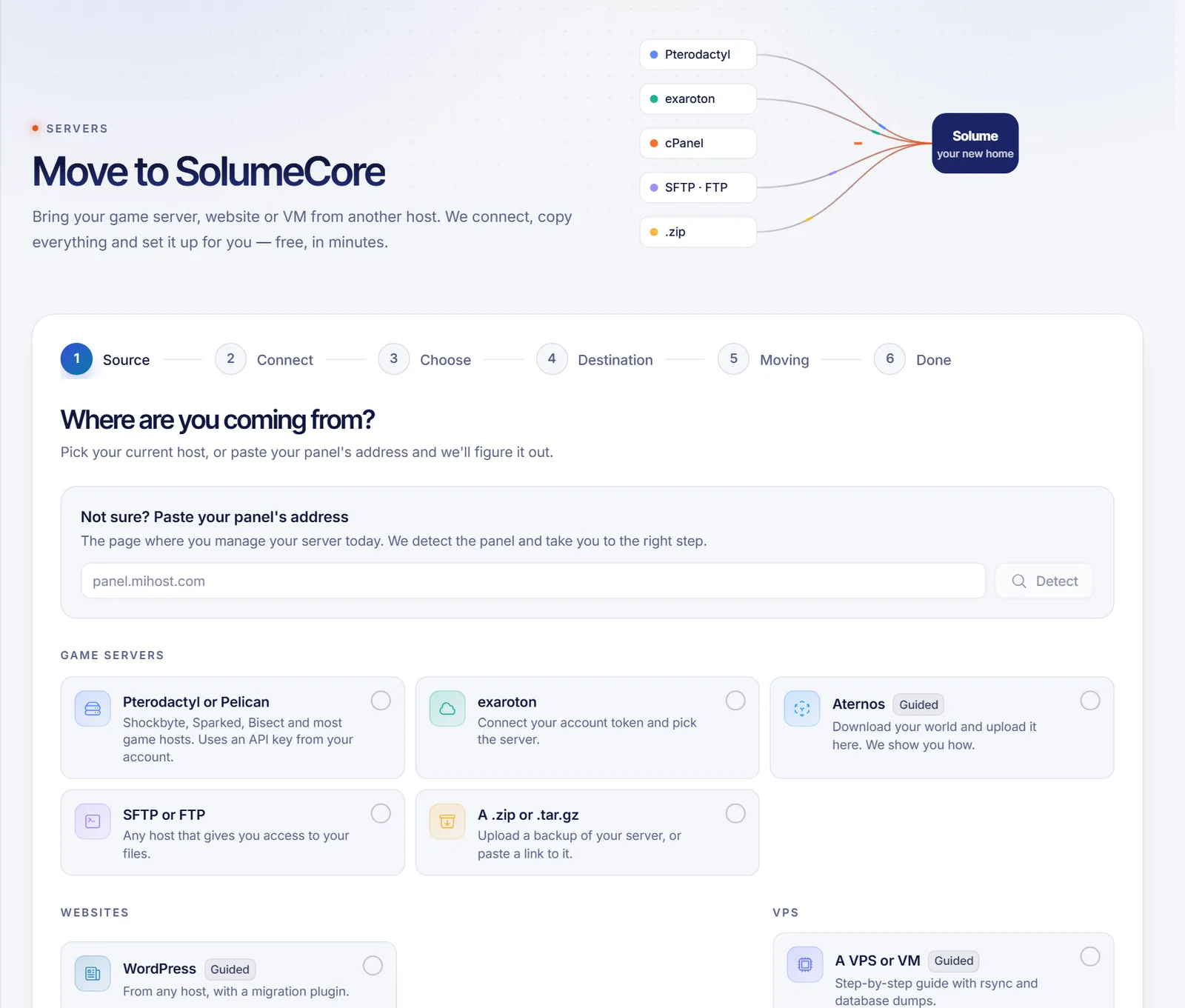 Move to SolumeCore page with the question where are you coming from and the cards for game servers, websites and VPS