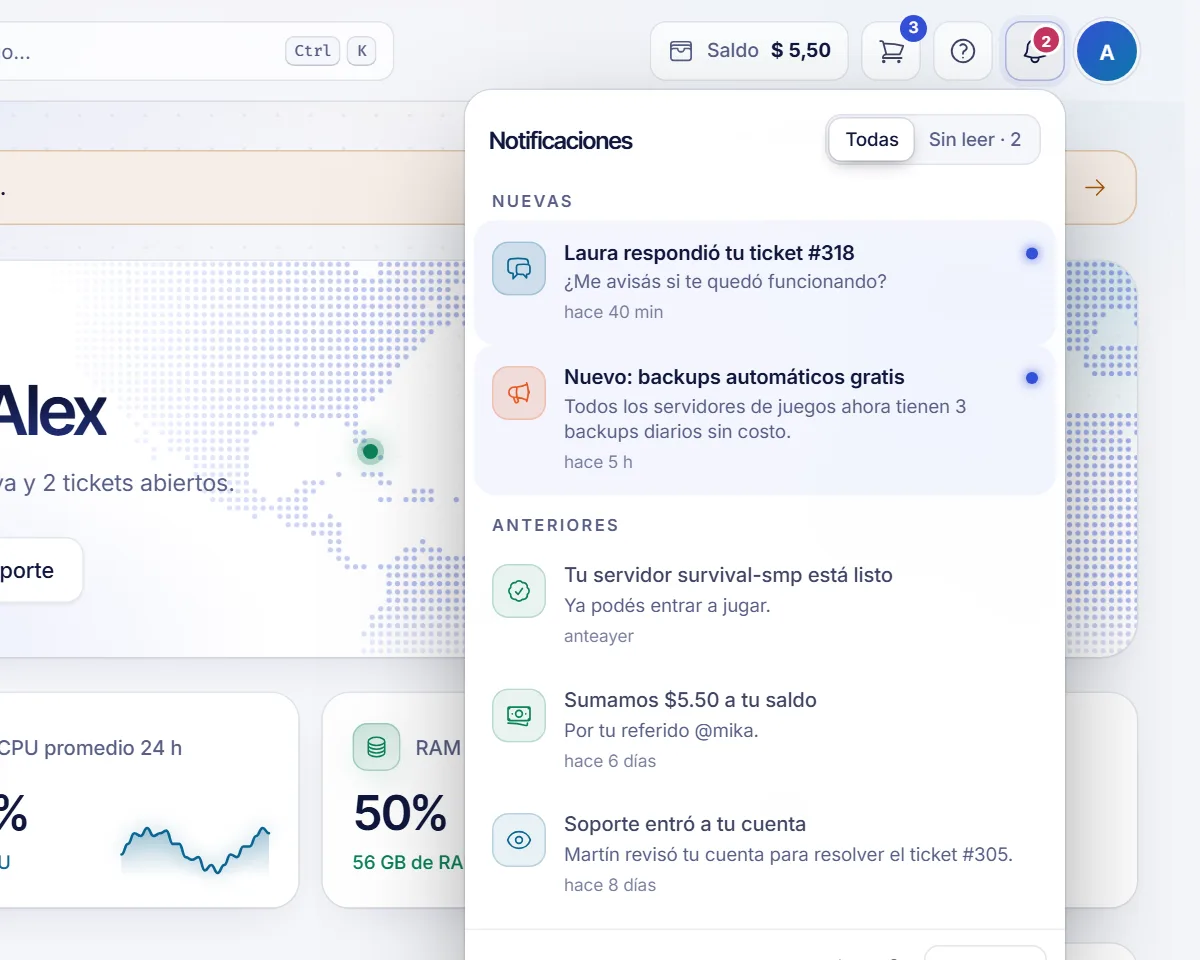 El desplegable de la campana de notificaciones con el filtro Todas y Sin leer, las notificaciones nuevas y anteriores y el botón de marcar todo como leído