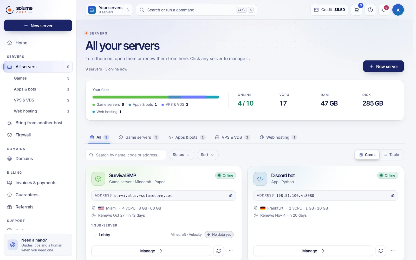 The All servers page in the client panel with filter tabs, search, status filter, and server cards showing status and power buttons