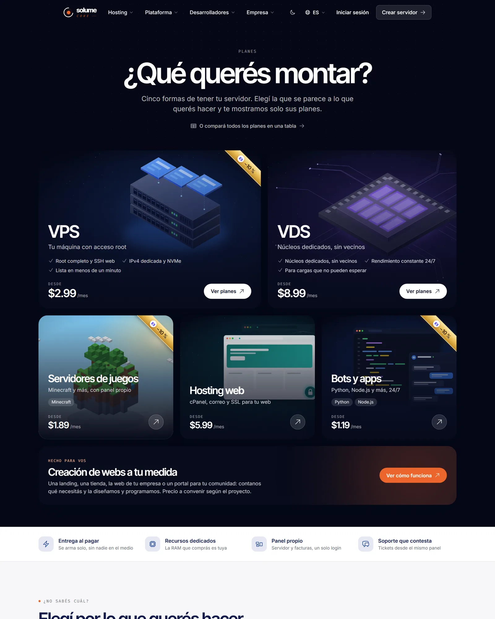 La página de planes de SolumeCore con las cinco categorías de producto: VPS, VDS, servidores de juegos, hosting web, y bots y apps