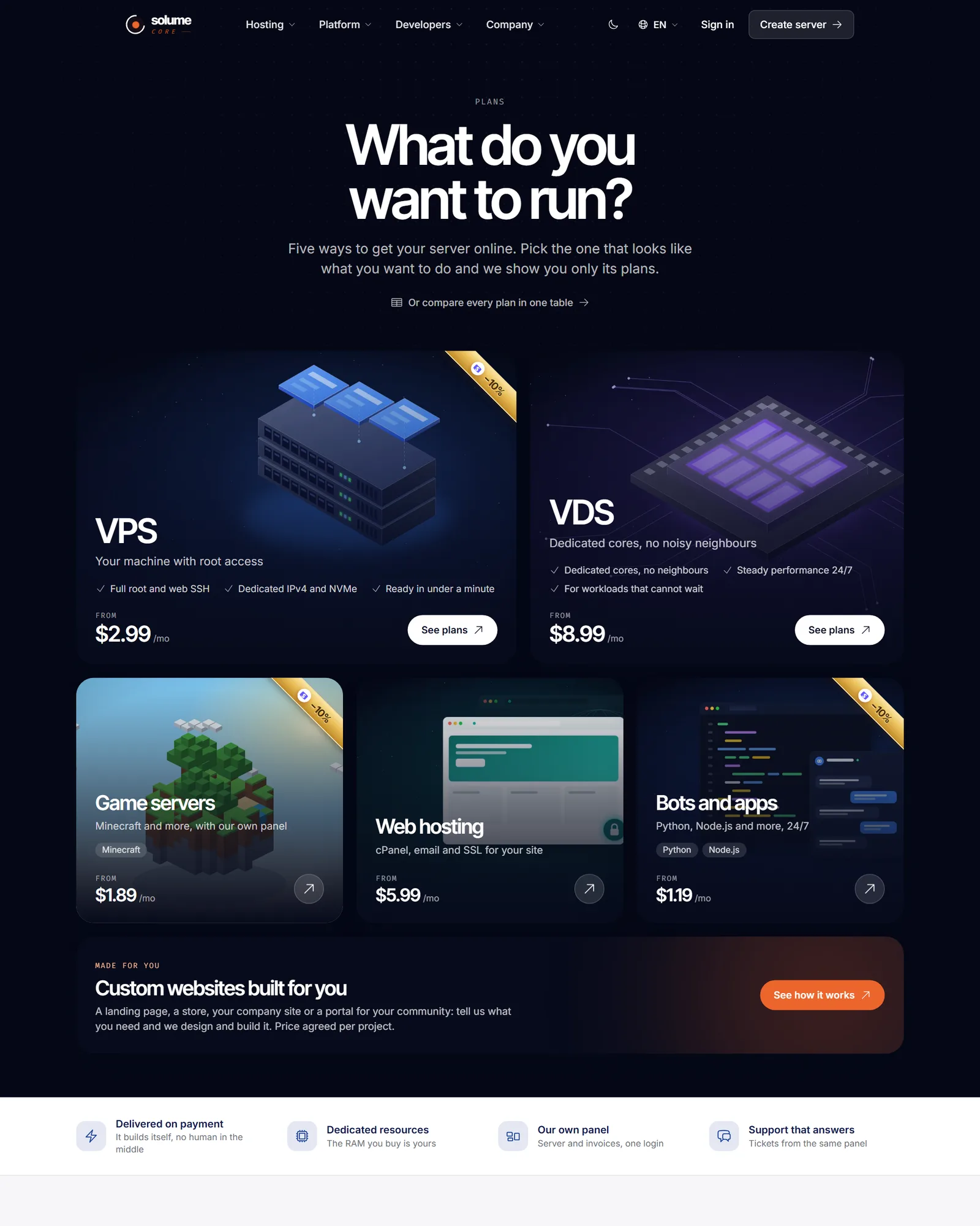 The SolumeCore plans page showing the five product categories: VPS, VDS, game servers, web hosting, and bots and apps