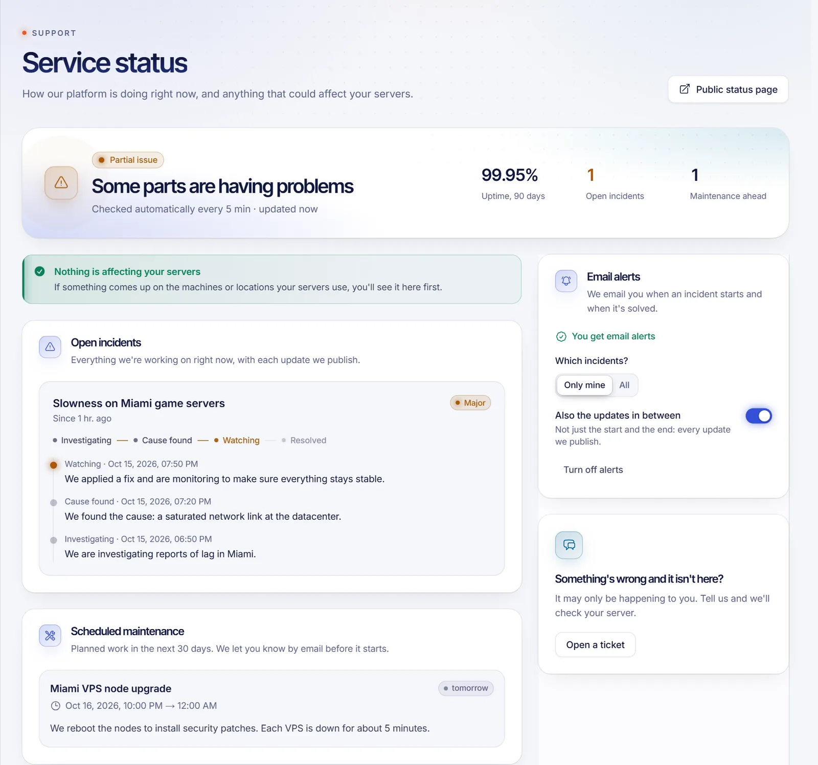 The Service status page in the client panel with what affects your servers, open incidents, scheduled maintenance and the email alerts card