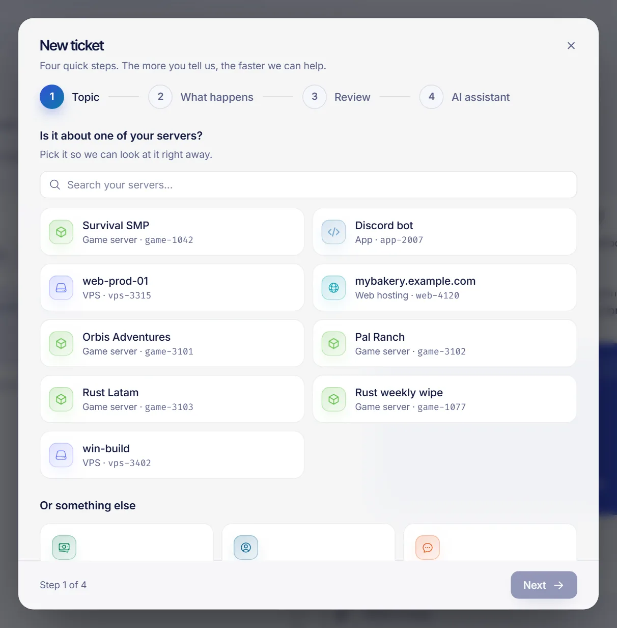The New ticket wizard on the Topic step showing server cards and the Billing, My account and Something else options