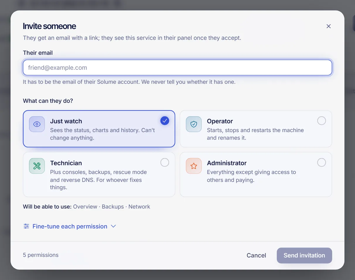 Invite someone window with the email field, the role cards and the permissions list