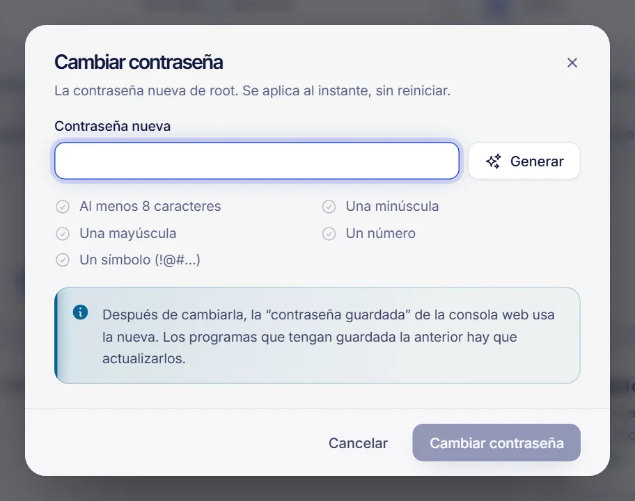 La ventana para cambiar la contraseña de un VPS con el campo de contraseña nueva, el botón Generar y la lista de reglas de la contraseña